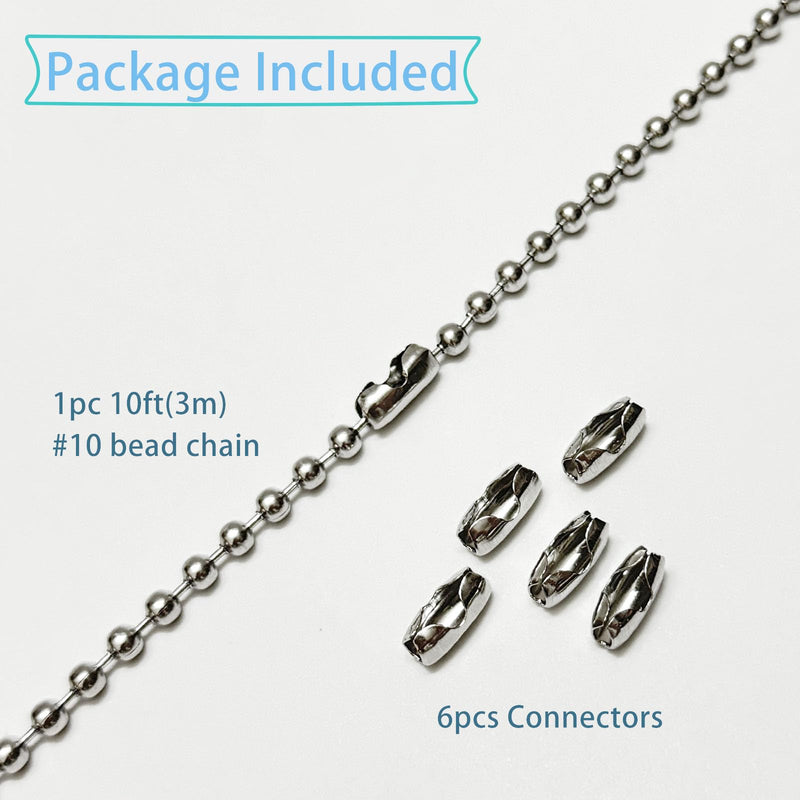 #10 Beaded Ball Chain 10 Feets 4.5mm Bead Chain Extender with 6 Pieces Connector Clasps for Plumbing, Crafts, Industrial Equipment Labeling Applications and Commercial Use (304 Stainless Steel) 4.5mm-10ft