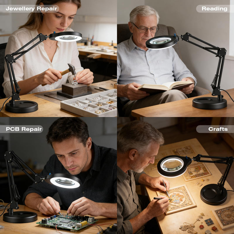 10X Magnifying Glass with Light and Stand, 5 Color Modes & Stepless Dimmable LED Magnifying Lamp, Hands Free Desktop Lamp for Reading, Crafts, Hobby and Close Work