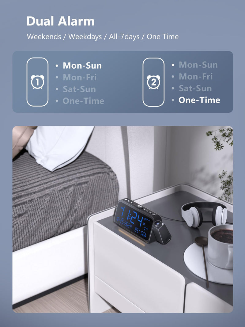 Projection Alarm Clock for Bedroom, Alarm Clock with 350° Rotatable Projector, 5 Brightness, Dual Alarm with Weekday/Weekend Mode, Temp & Humidity, Snooze, Bedside Alarm Clock for Heavy Sleepers(Blue) Blue
