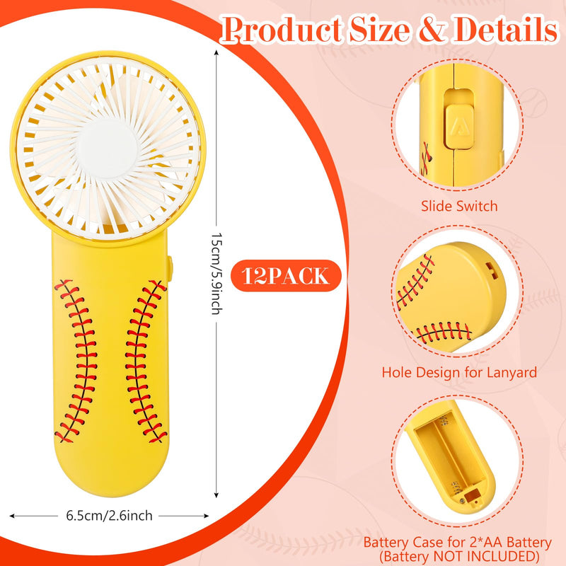 Honoson 12 Pcs Mini Portable Fan Bulk Small Personal Handheld Fan with Lanyard for Team Gift Game Outdoor Sport Party Favors, Battery Not Include(Yellow,Softball) Yellow Softball