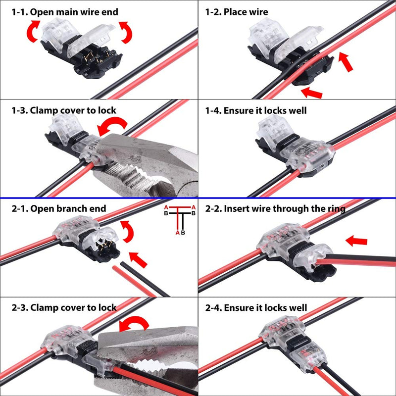 2 Pin T Connector for 22/20/18 AWG Wiring,Max DC/AC 300V 10A,IDC Self Stripping,T Tap Wire Splicer to Connect Branches to Main Wire,Car,LED Lighting,Video/Audio,and More,Clear Cover,10 PCS