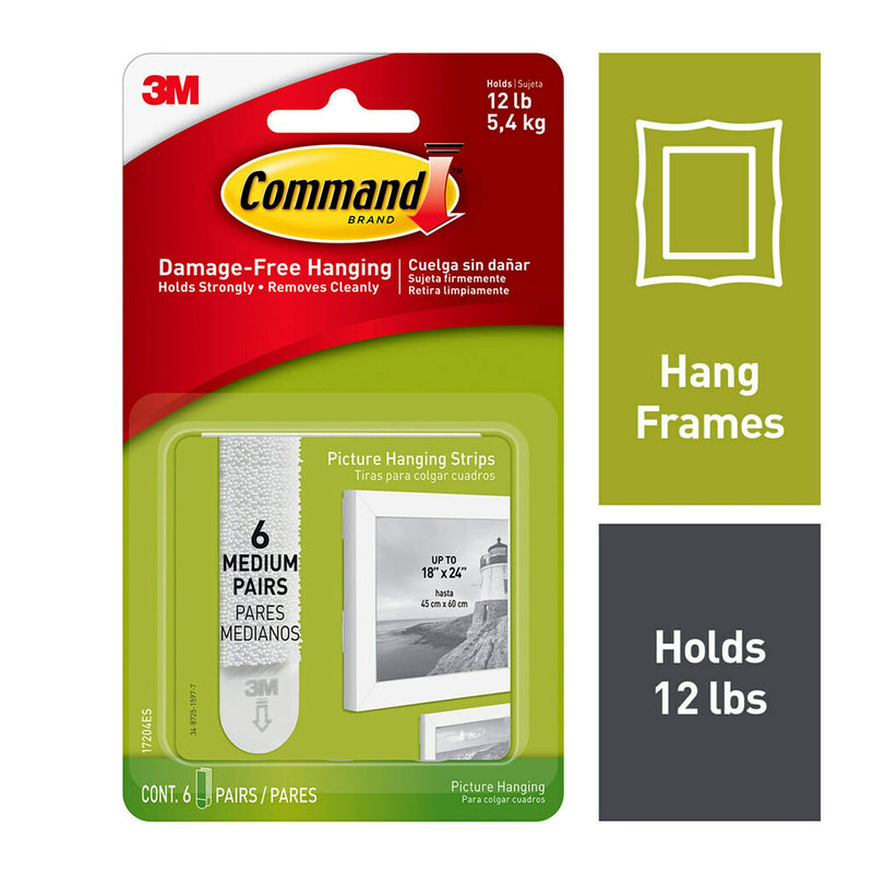 Command Medium Picture Hanging Strips, Damage Free Hanging Picture Hangers, No Tools Wall Hanging Strips for Living Spaces, 6 White Adhesive Strip Pairs