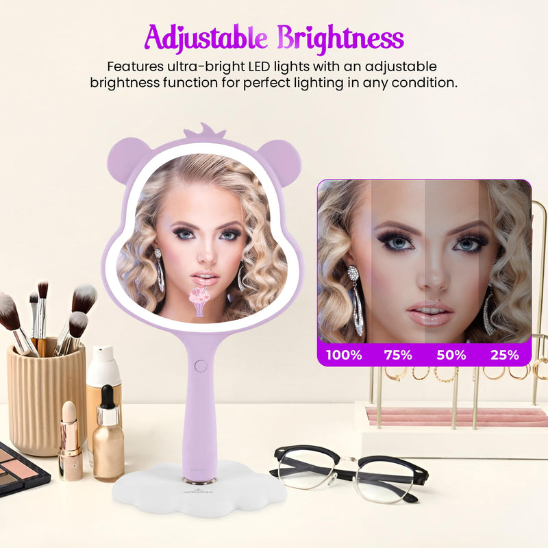 Impressions Vanity Care Bears Share Bear LED Handheld Makeup Mirror for Desk, Lighted Travel Makeup Mirror with Detachable Standing Base, Ultra Bright Adjustable Lighting and Figural Shaped (Purple) Purple