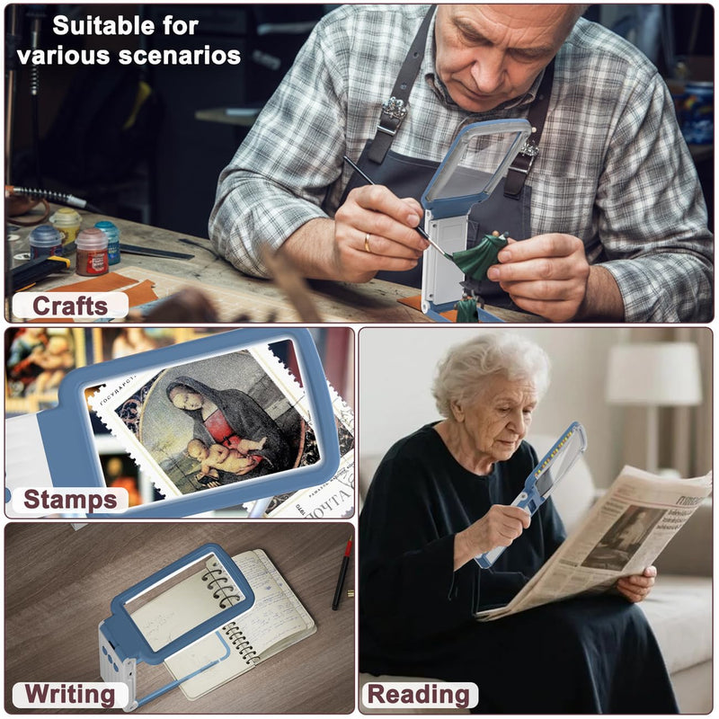 15X Magnifying Glass with Light and Stand, Real Glass Lens, Rechargeable Foldable Handheld Magnifier, 3 Color Modes Dimmable Lighted Page Magnifier for Reading Fine Prints, Seniors - Blue White 15X
