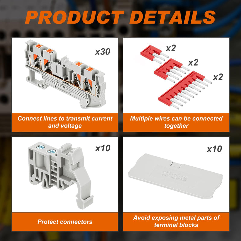 DIN Rail Terminal Block Twin Spring Terminal Connectors Push in Type PT Screwless Wire Wiring Connector with 10 Covers 10 End Stops 6 Jumpers (ST2-2.5/2x2,56 Pcs) 56 ST2-2.5/2x2