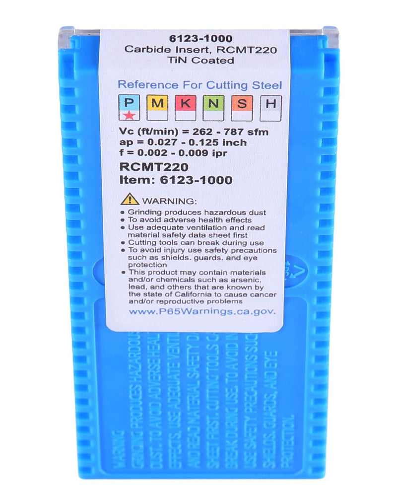 Accusize Industrial Tools Carbide Inserts, RCMT220 TiN Coated, 2523-1000 | RCMT220, ISO RCMT0602MO, C6 Grade, IC 0.2362 in, Thickness 3/32 in, Hole 0.110 in, 10 Pcs