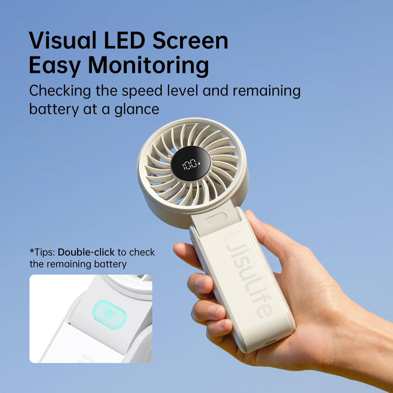 JISULIFE Handheld Fan Life7 – Ultimate Flexibility: High-Power Motor, LED Display, 19.5 Hrs Cooling, 5000mAh Rechargeable, 5-Speed, Foldable Design, 3-IN-1 Portable Fan for Travel Cruise Beach(Grey) Grey