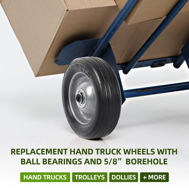 (2-Pack) AR-PRO 6” x 1.5” Flat Free Solid Rubber Wheel Assemblies - Replacement Hand Truck Wheels with Ball Bearings and 5/8” Bore Hole Diameter - Heavy-Duty Solid Rubber Wheels 132 lbs Load Capacity 5/8"