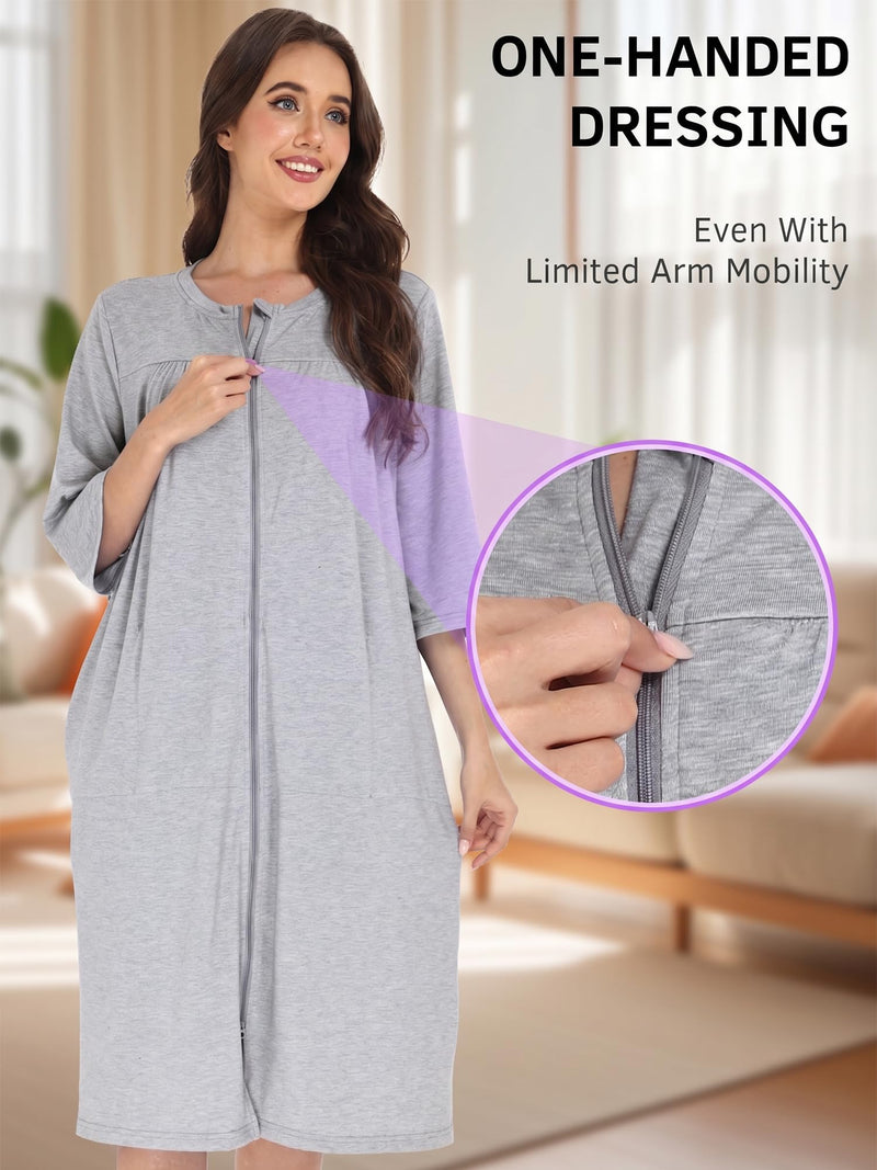 Mastectomy Recovery Robe for Women, Front Zip Post Surgery Gown with 4 Drain Pockets for Breast Recovery XX-Large Grey