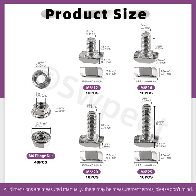 Swpeet 80Pcs 4 Sizes European Standard 30 Series M6 x 12/16/20/25mm T Slot Drop-in Bolt and Nickel M6 Flange Nut Assortment Kit, Thread T Slot, Drop-in Bolt T-Bolt, Hammer Head Bolt, T Screw Stud