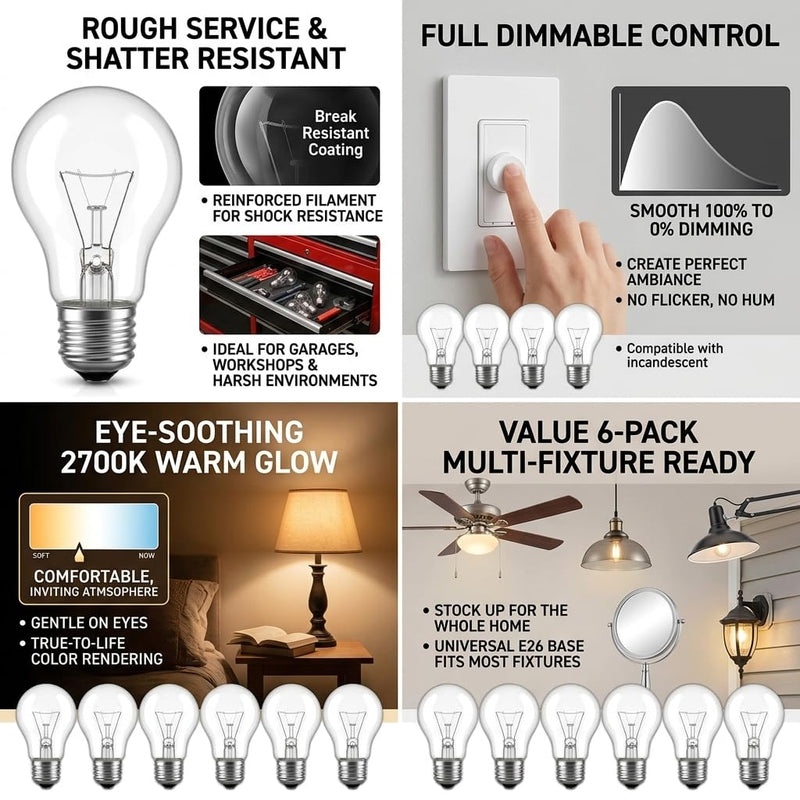 6 Pack A19 Incandescent Light Bulb 60W, Dimmable E26 Medium Base, 2700K Soft White, Eye-Soothing Warm Glow for Home, Garage, Lamp, Ceiling Fan, Shatter Resistant Rough Service Light Bulb
