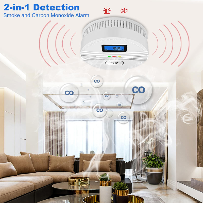 2 Pack Smoke and Carbon Monoxide Detector,Smoke Detector Carbon Monoxide Detector Combo with Batteries,Fire Alarm Smoke Detector with Test Button and Digital Display White-2-Pack