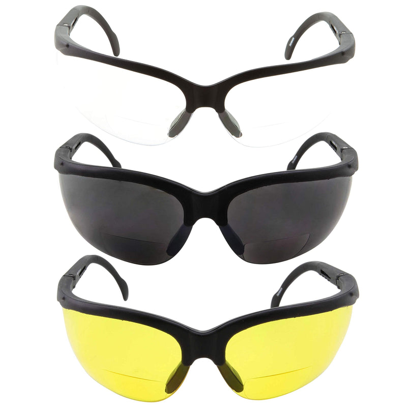 grinderPUNCH 3 Pairs Combo Bifocal Safety Reading Glasses - Assorted Colors Clear Black Yellow Lens - With Side Cover (Diopter +1.00) Diopter +1.00