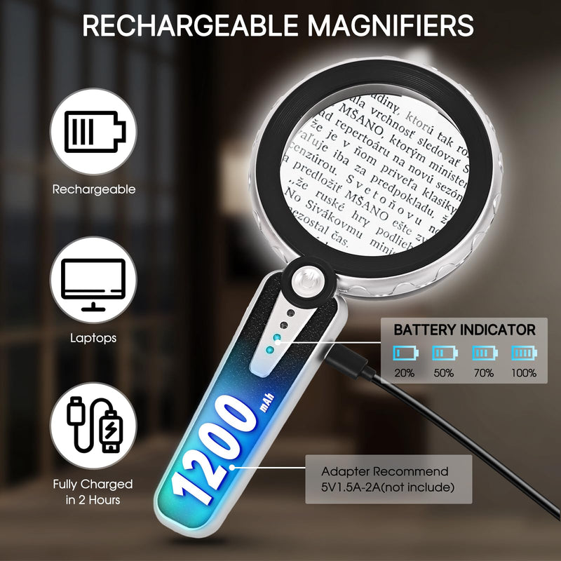 45X Magnifying Glass with Light, 4.6 Inch 1200mAh USB Rechargeable, 6 Lighted Modes, Large Handheld Magnifier for Low Vision Seniors with Macular Degeneration, Reading, Jewelry, Coins - Black