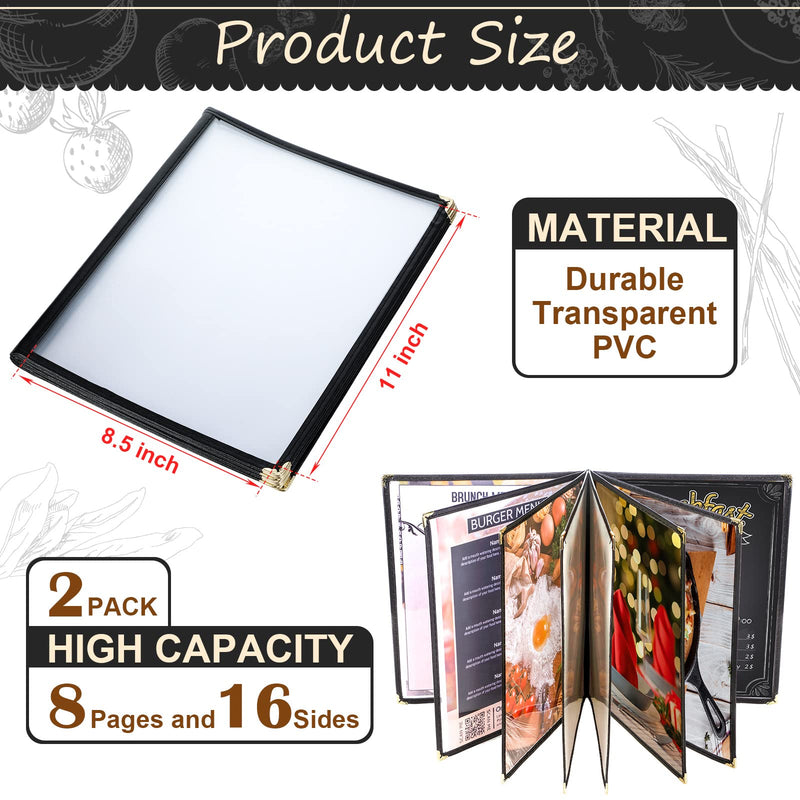 TaoBary 8.5 x 11 Inch Menu Covers Fits A4 Size Paper Transparent Restaurant Menu Covers Menu Holder with Leatherette Trim and Decorative Metal Corners Bar Cafe Restaurant, Black (2 Pcs) 2