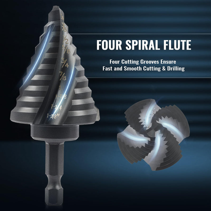 ZELCAN Step Drill Bit Set, 5PCS Four Spiral Flute Step Bits for Metal, 50 Sizes Titanium-Coated HSS Drill Bits with 1/4" Hex Shank for Stainless Steel Aluminum Wood Plastic 5PCS HSS Four Spiral Flute NEW STYLE