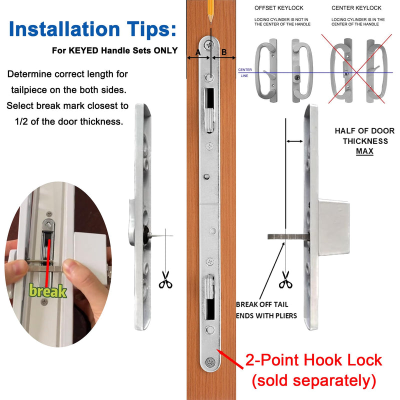 Keyed Sliding Patio Glass Door Handle Set Fits for Truth Legacy & Sash Controls P/N #2265, 45° Keyway w/o Mortise Lock, 3-15/16" Hole Centers, Non-Handed, White Diecast, B Position Offset Position