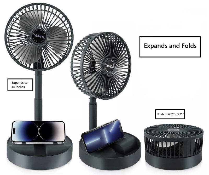 Dependable Industries inc. Essentials Telescopic Folding USB Desk Fan – Adjustable Height 11.5" to 14", Quiet Motor, Compact Table Fan with Phone Stand, USB-Powered for Home, Office, Travel (Black) Black