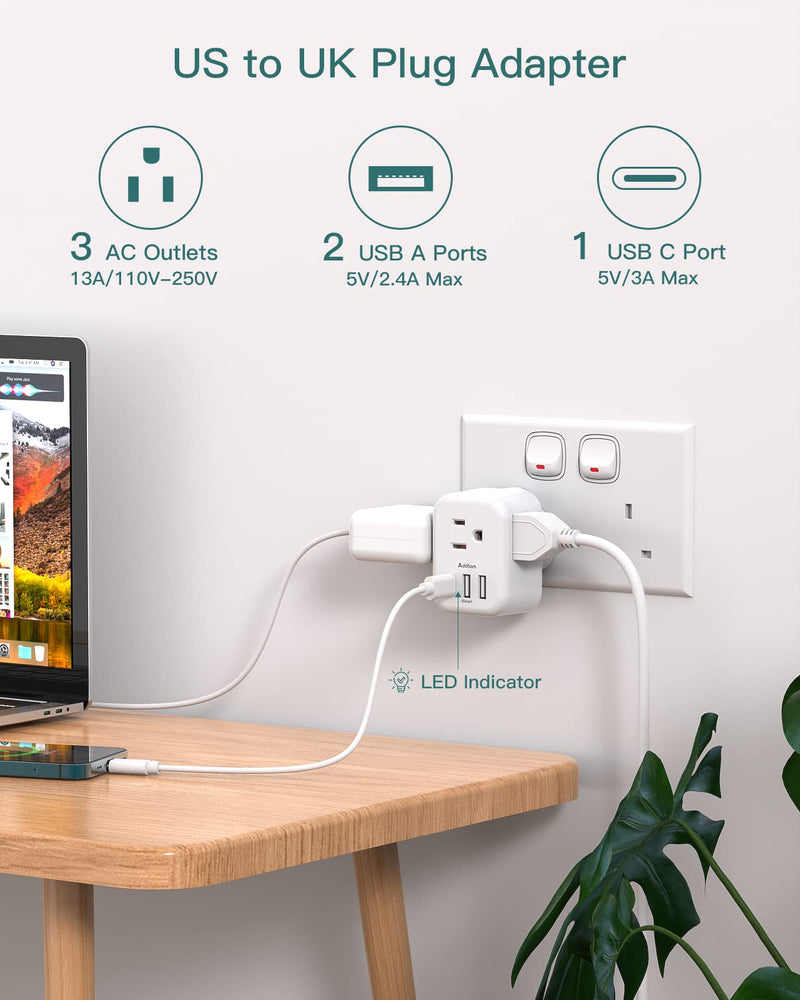 US to UK Ireland Plug Adapter, Addtam Type G Power Adapter with 3 AC Outlets and 3 USB(1 USB C), Travel Essentials for USA to Dubai Scotland British London England Hong Kong Irish Type G UK Ireland - 1 Pack