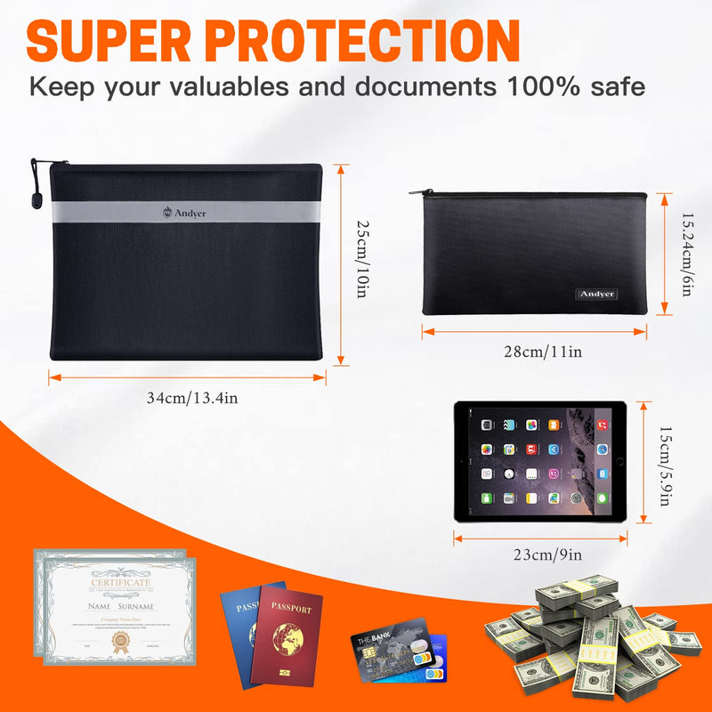 Fireproof Document Bag with Money Bag - 2 Pack 13.4" x 10" and 11" x 6" Waterproof Fireproof Money Bag for Cash, Small Fireproof Safe Pouch, Fire Proof Bag for Documents/Valuables with Zipper