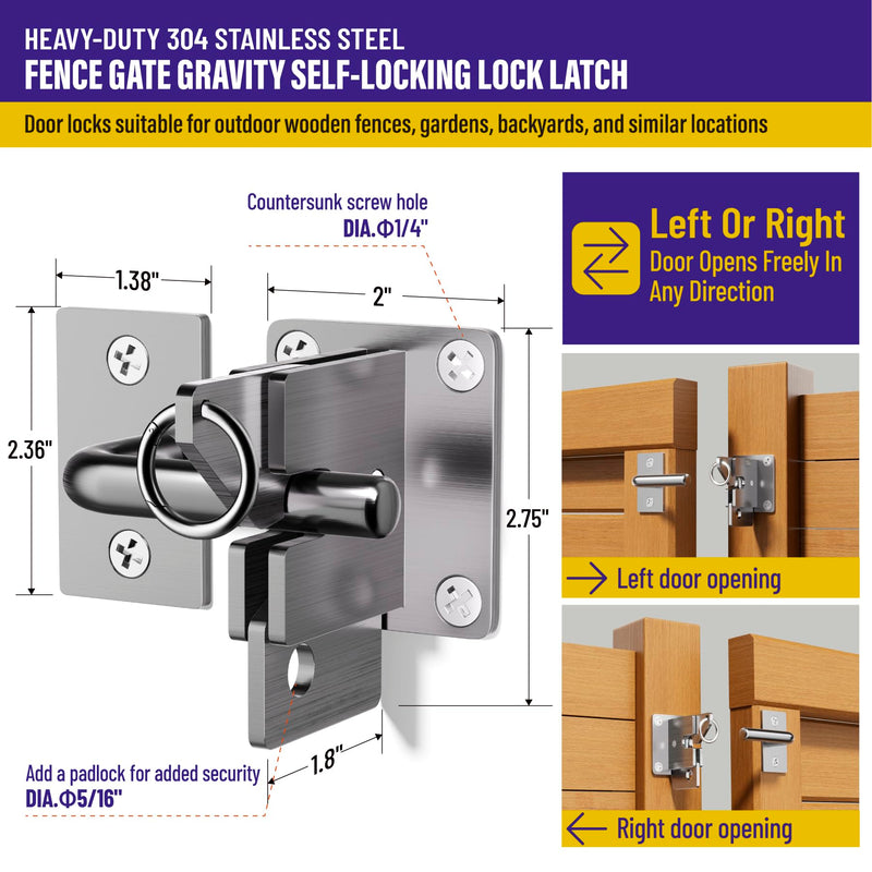 Hulave 304 Stainless Steel Fence Gate Latch, Self-Locking Gravity Gate Latch, Heavy Duty Privacy Gate Latch for Wooden Fence, Metal Gate & Vinyl Fence Gate Hardware (Silver) Silver