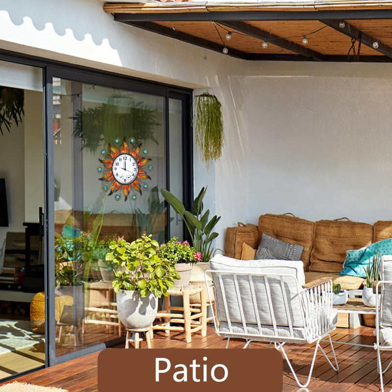 Sun Outdoor Clock with Thermometer and Hygrometer Combo, Silent No-Ticking Outdoor Wall Clock, Waterproof Quartz Clock for Patio, Living Room, Kitchen, Garden, 13 Inch Orange-sun