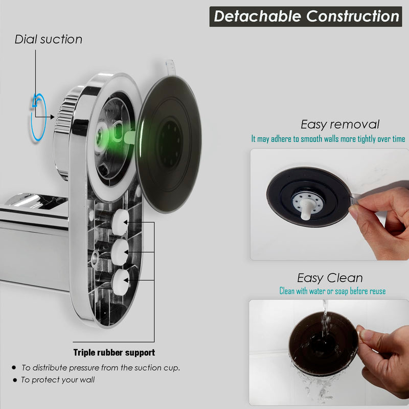Suction Cup Handheld Shower Head Holder - Relocatable - 5 Angles Adjustable - Unique Horizontal Setting - Large Shower Head Supports - Wider Input - Wall Mounted with Vacuum Power (Polished Chrome)