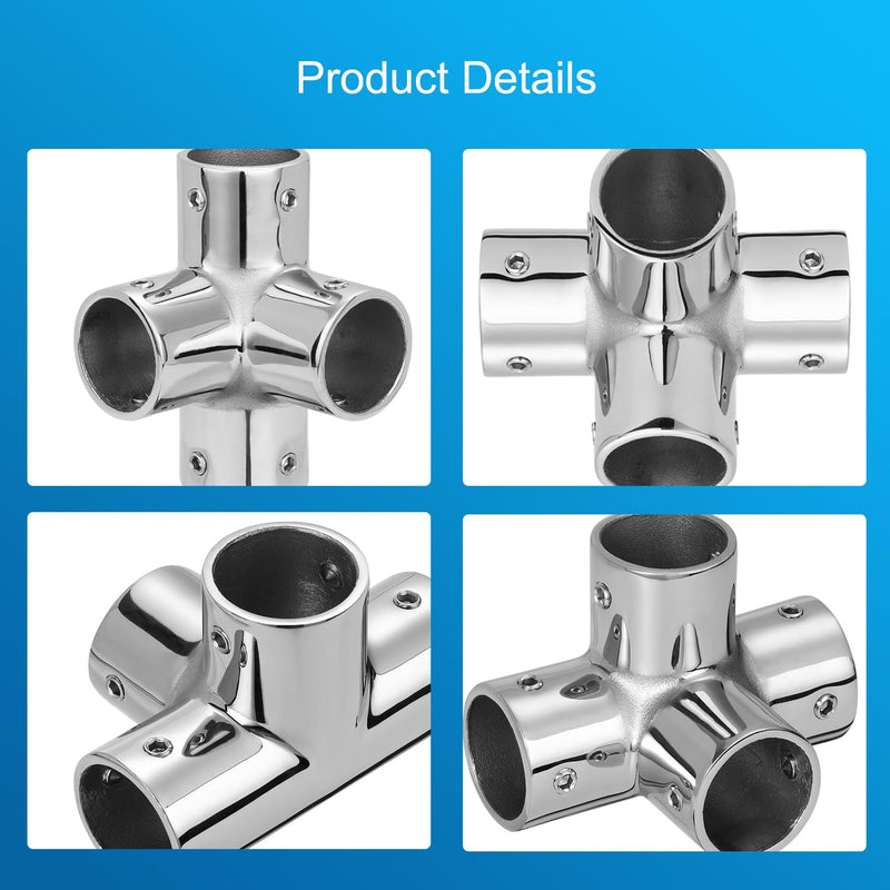 Marine Grade Boat Handrail Fitting 4-Way Pipe Fitting for 7/8" Round Tubing, 316 Stainless Steel Mirror Polished Hand Rail Fitting 4-Way Pipe Connector(2-Pack) 7/8 inch