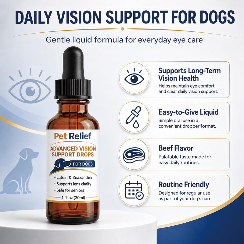 Pet Relief Advanced Vision, Gentle Daily Eye Support Drops for Dogs, Helps Maintain Clear & Comfortable Eyes, Clears Debris, Reduces Cloudiness, Easy Dropper Bottle