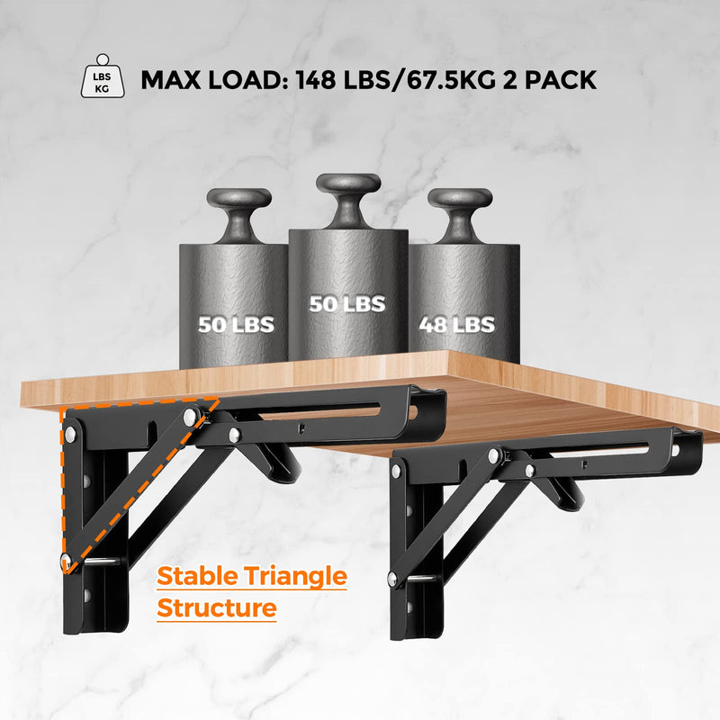 Ravinte Folding Shelf Brackets - Heavy Duty Shelf Brackets Matte Black 10 Inch Collapsible Shelf Brackets, Folding Bracket for Table Bench, Space Saving for Bench Table 2 Pack