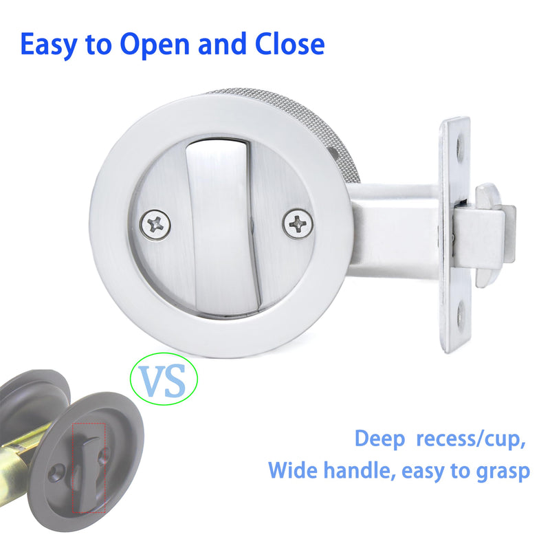 Dontay Pocket Door Lock with Key, Contemporary Entrance Sliding Barn Door Lock Latch, Recessed 2 Sided, 2 3/8" Backset, Flush Handles Hardware (Including Edge Pull, Brushed Nickel, Round - 1 Pack) Including Edge Pull