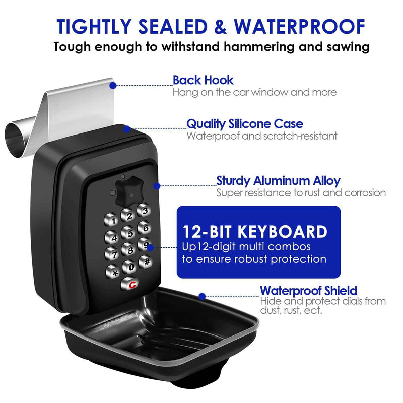 Car Key Lock Box, Waterproof 12-Digit Combination Car Window Lockbox, Metal Wall Mount Resettable Punch Button, Large Capacity for Turo, Ride Share, ID Cards, House Garage Office Spare Keys-Black Black