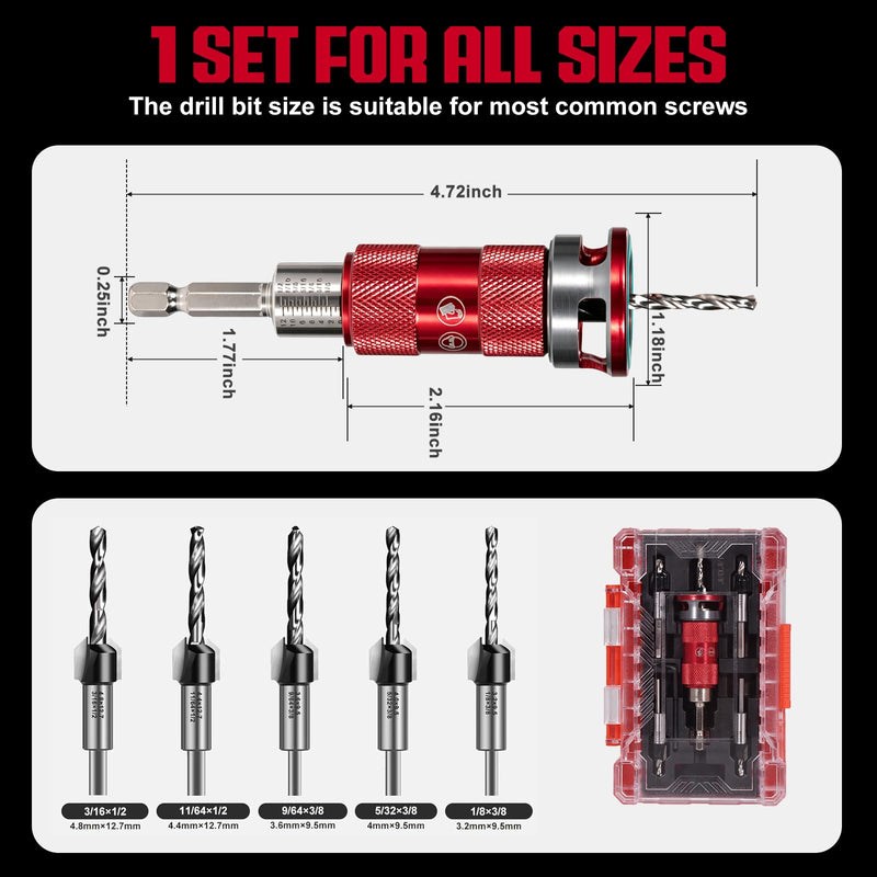 5 Pcs Countersink Drill Bit Set with Aluminum Alloy Depth Stop,Semi-Automatic HSS M2 Countersink Drill Bits 1/8 9/64" 5/32" Drill+3/8” 82° Counter-Bore,11/64" 3/16" Drill+ 1/2" 82° Counter Bore