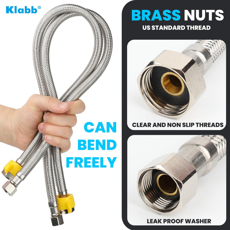 Klabb F12 24 inches Line Connects Kitchen Sink to Water Supply, Braided Faucet Connector with 1/2 in x 3/8 in Brass Nut, Stainless Steel (Pack of 2), 2 Count Silver