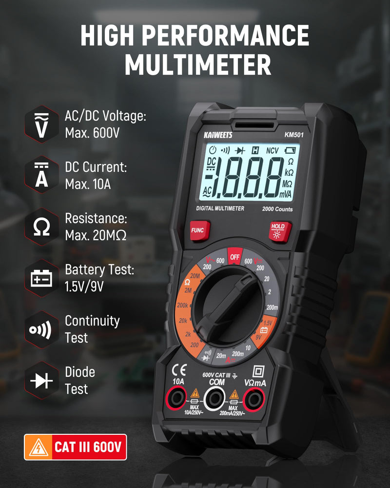KAIWEETS Electrical Test Kit KIT01, Digital Multimeter, Smart Non-Contact Voltage Tester & GFCI Outlet Tester with LCD, Complete Set with Carrying Case & Batteries for Electrician, DIY & HVAC