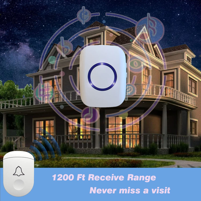 Wireless Doorbell, 1,000ft Range Loud Enough Doorbell Chime，5 Volume Levels and 52 Door Chimes With LED Flashing (White Big Button) White Big Button