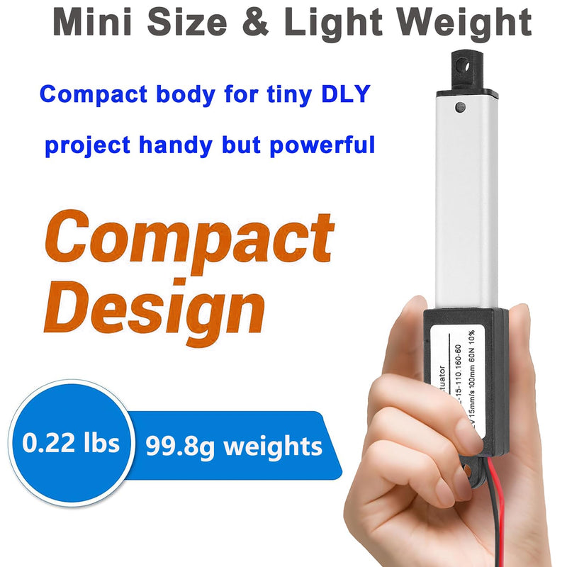 AWINLI Mini Linear Actuator 12V 4 Inch Stroke,60N/13.4Lbs,Speed 15mm/s Mini Waterproof Sports Actuator Small 12V with Mounting Bracket for Cabinets,Window Openers,Robots(100mm） 4 "/100mm mini12V