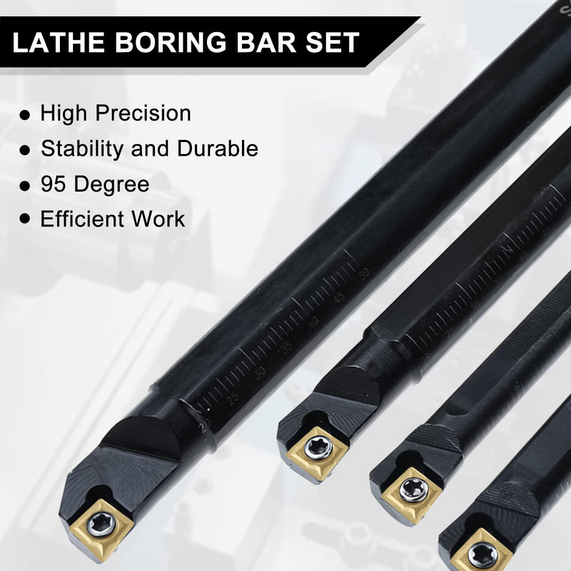 14 Pcs Lathe Boring Bar Set - 4 Pcs 95Degree S07K/ S08K/ S10K/ S12M-SCLCR06 Lathe Boring Internal Turning Bar Holde, 10 Pcs CCMT0602 Indexable Carbide Inserts and 4 Pcs T8 Wrench