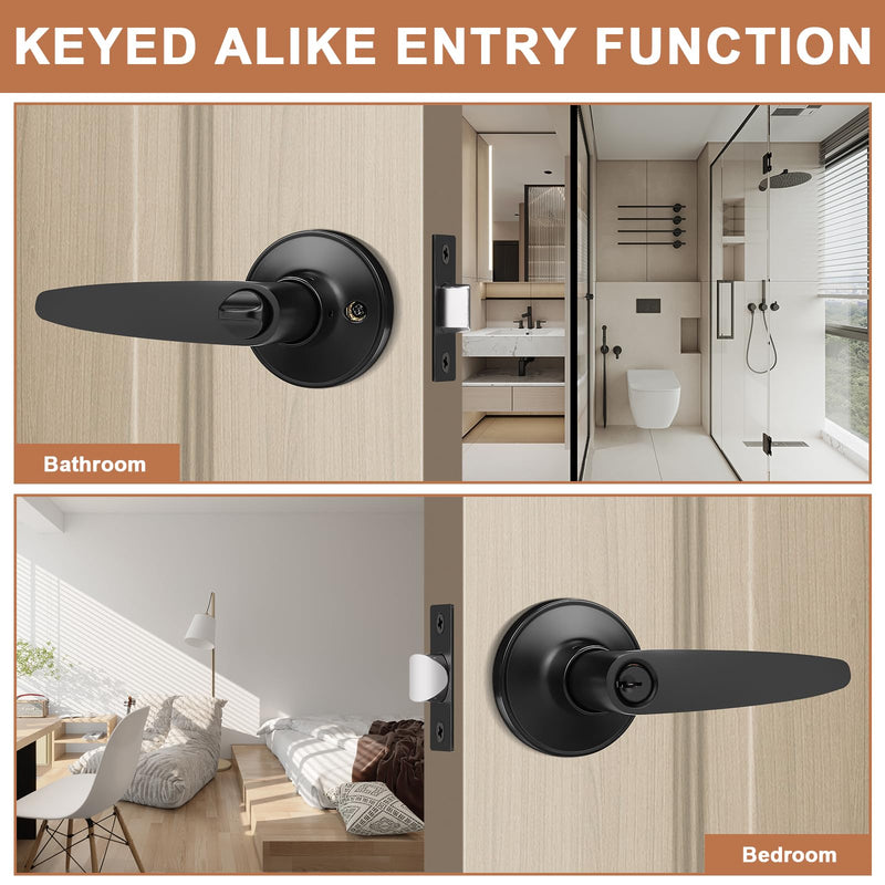 Probrico 4 Pack Entrance Door Levers Door Lock in Black, Combo Entry Door Handles with Locks and Keys Keyed Alike Each with 3 Same Keys Keyed Entrance-Keyed Alike