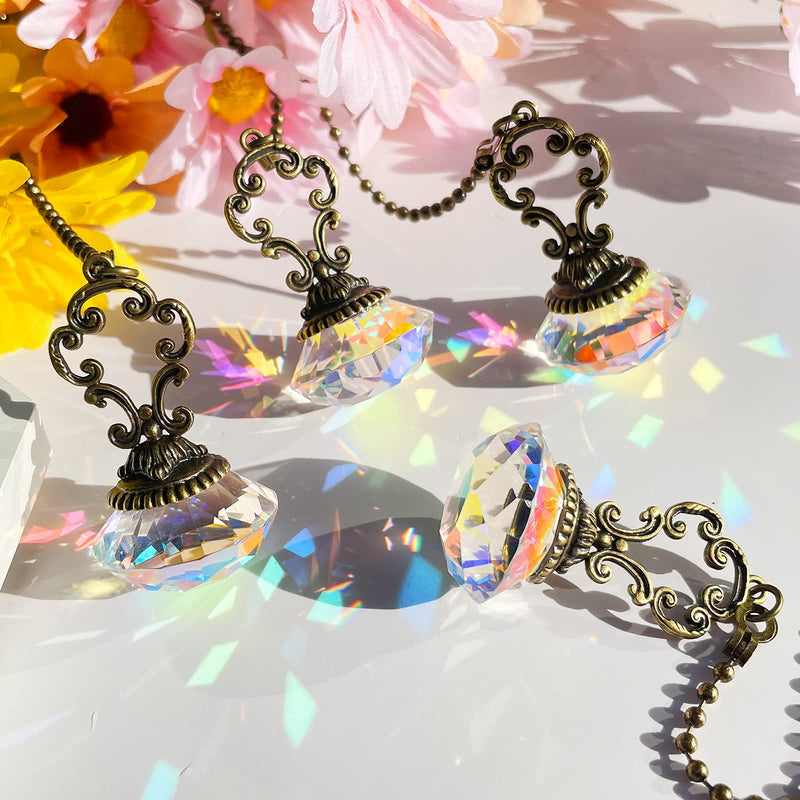 Honoson 4 Pieces Crystal Ceiling Fan Pull Chains Pendant Colorful Diamond Pull Chain Extension with Connector Crystal Prism Ball Extension for Bathroom Toilet Light Ceiling Light Fan Desk Lamp
