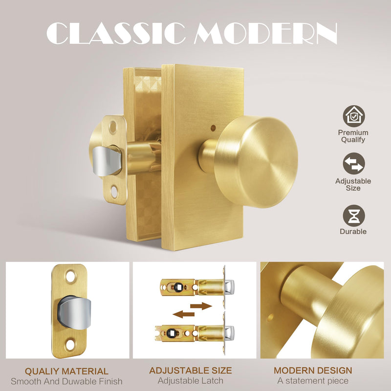 Satin Brass Zinc Alloy Privacy Door Knob with Lock, Heavy-Duty Round Handle with Rectangle Frame, Bedroom Bathroom Interior Quick Installation Lock Set, 1 Pack Satin Brass