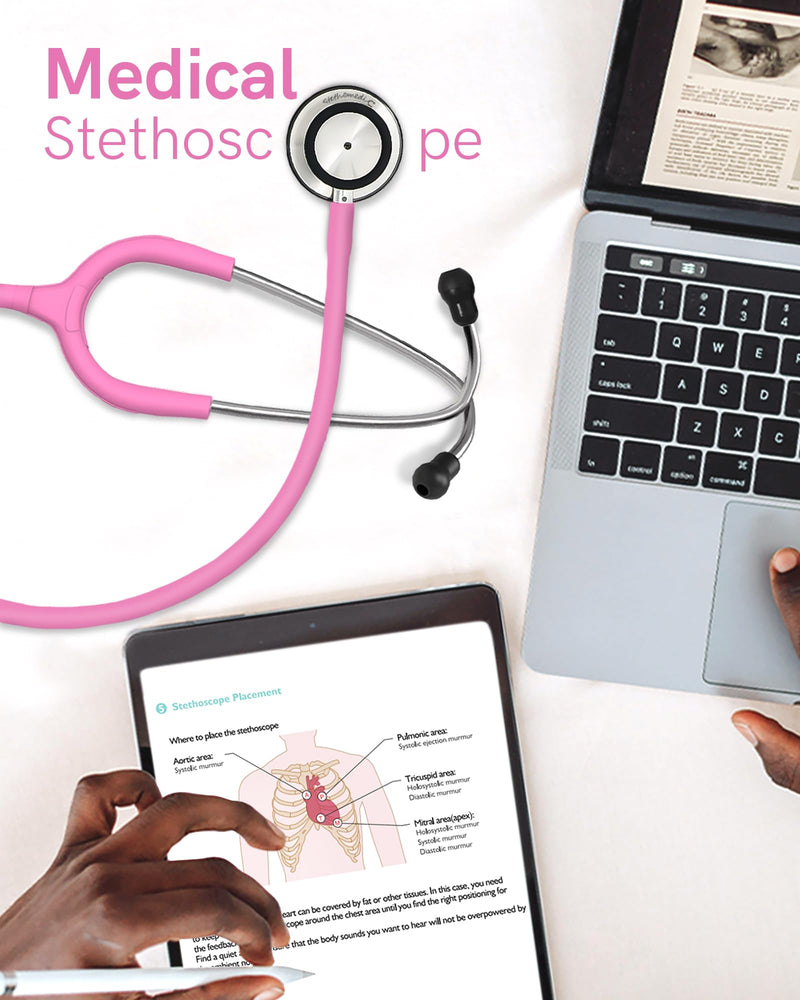 FriCARE Dual Head Stethoscope - Stethoscopes for Nurses, Medical Nursing Students, Paramedics/EMT/LVN/VNA Backup Estetoscopio, Smooth Hot Pink Tube, Stainless Steel Chestpiece