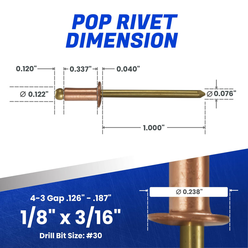 Fastenere Copper Pop Rivets - 1/8" x 3/16" (100 Pack) Copper Body Brass Mandrel, Heavy Duty, Open-End, Dome-Head Blind Rivets, Corrosion-Resistant & High Shear Strength, 4-3 Gap .126" - .187" 1/8" x 3/16" (100 Pack)