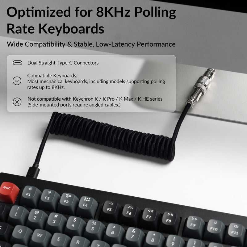 Keychron Custom Coiled USB-C Cable with 5-Pin (GX12) Detachable Aviator Connector, USB-A Adapter, Braided Durable Cable for 8KHz Mechanical Keyboards, 176 cm / 5.77 ft, Charging & Data Transfer, Black