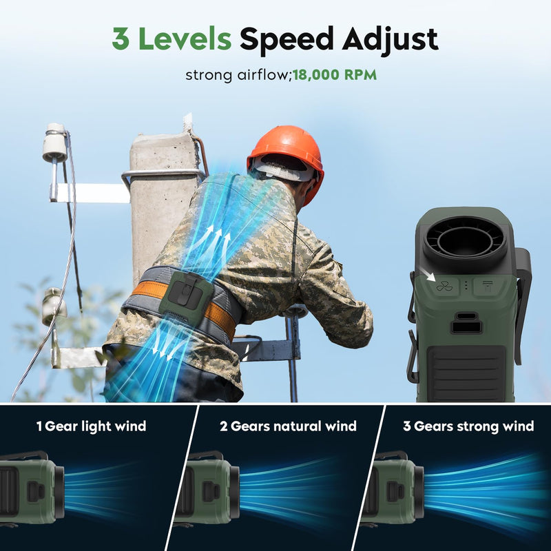 Portable Waist Fan 10000mAh Rechargeable Waist Clip Fan 18000RPM With Max 12H Working Time 3-speed adjustment with LED flashlight Portable Fan for Outdoor Jobsite and etc Green
