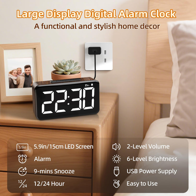 NOKLEAD Digital Alarm Clock: Wood Grain, 5.9-inch Large LED Display, Easy to Use for Seniors and Men, Adjustable Brightness, Aesthetic Room Decor Desk Clocks for Bedroom | Dorm | Living Room | Office Brown Wood Grain