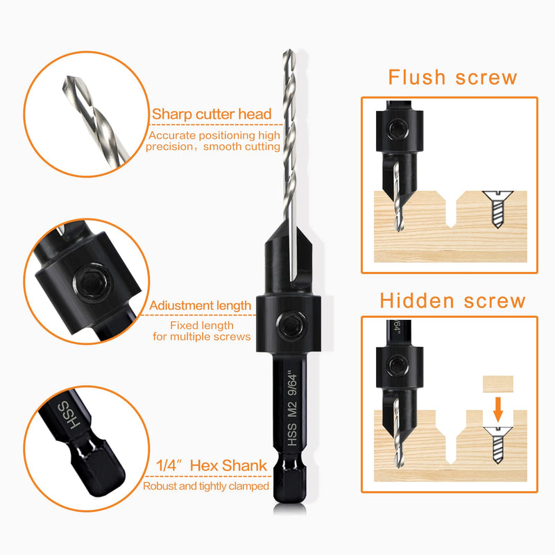 5-pc Woodworking Countersink Counterbore Drill Bit Set 3in1 for #6 8 10 12 16 Screws, M2 Pilot Drill Bits Adjustable Depth, 82-Degree Chamfer with Stop, 1/4” Hex Shank, Includes 2 Allen Wrenches 5Pack Countersink Drill Bits