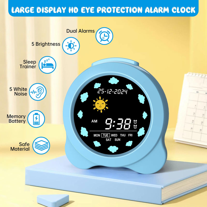 Kids Alarm Clock, Sun & Moon LED Display with Day & Date, Children's Sleep Trainer with Night Light & Sleep Sounds, Cute Wake Up Clock for Kids Bedroom, Easy to Use Birthday Gift for Boy and Girls Sky Blue