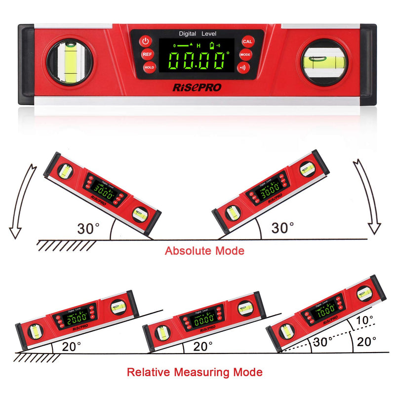 10-Inch Digital Torpedo Level and Protractor IP54 Protected Electronic Bubble Inclinometer, Angle Finder, Gauge w/Large VA Display & V-Groove Base DL135N Red