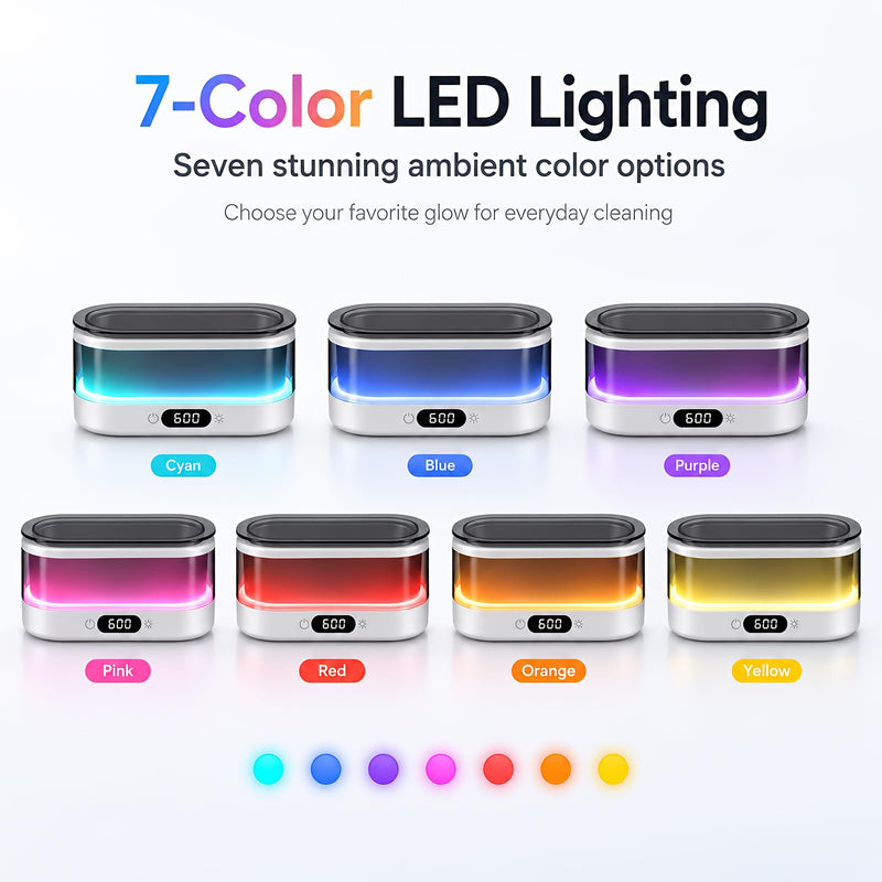Ultrasonic Jewelry Cleaner, 48kHz Ultrasonic Cleaner Machine for Jewelry, Eyeglasses, Rings, Dentures, Watch Bands, 7-Color Flowing LED Light, 304 Stainless Steel, Digital Timer, Dual Cleaning Modes